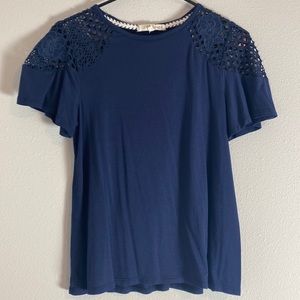 Rewind Navy Tshirt with floral eyelet detailed shoulders